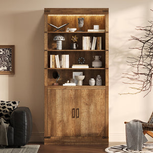 English Elm 83.4"Tall Modern Bookshelf with Doors Walnut, LED Accent Lighting, 3 Adjustable Shelves, Storage Cabinet N751S346154W