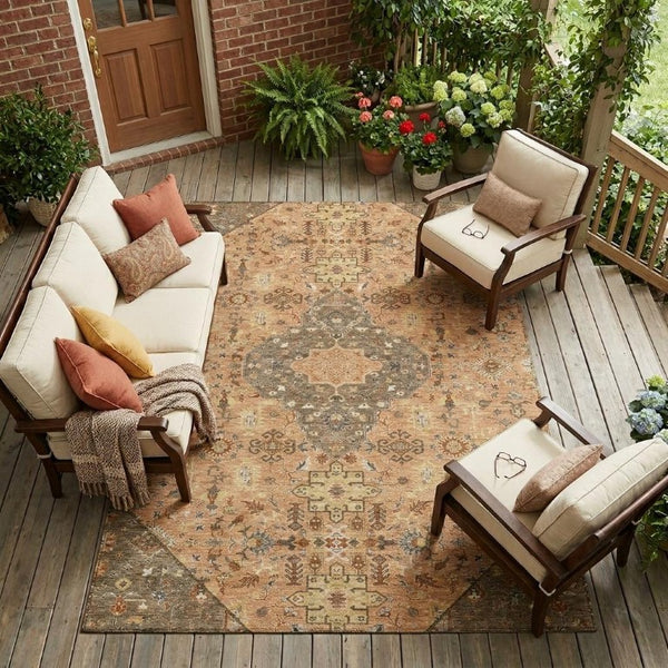 8 X 10 Copper Blue Medallion Polyester Area Rug Washable Stain Resistant Indoor Outdoor