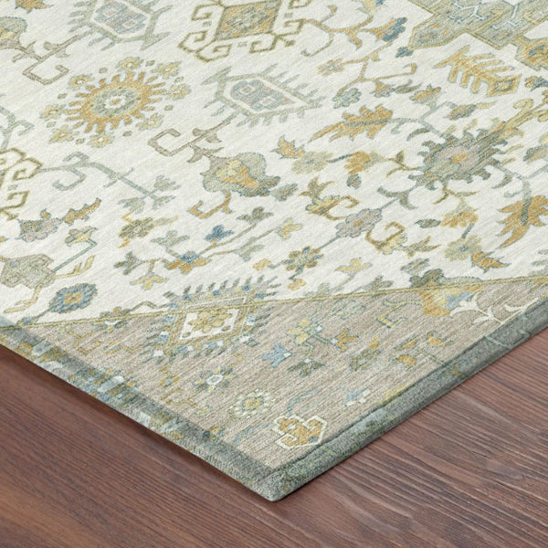 5 X 8 Ivory Green Medallion Polyester Area Rug Stain Resistant Indoor Outdoor