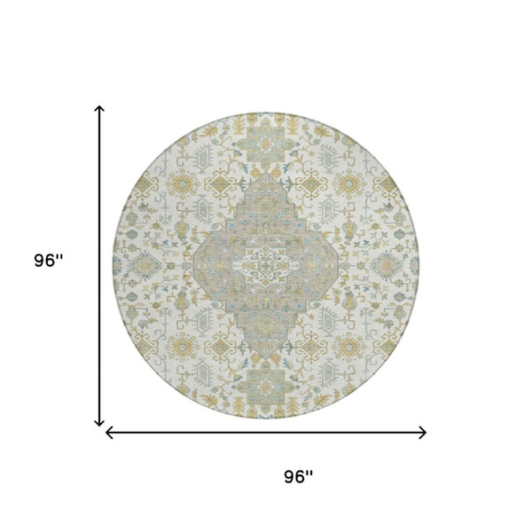 8 Foot Round Medallion Polyester Area Rug Washable for Patio Porch and Family Room