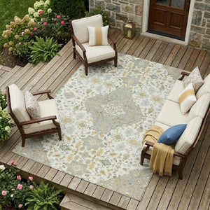 8x10 Ivory Green Medallion Polyester Area Rug Washable for Indoor Outdoor Use