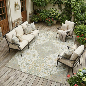 10 X 14 Ivory Green Medallion Polyester Area Rug Washable for Patio or Living Room
