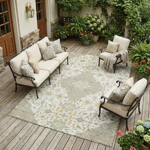 10 X 14 Ivory Green Medallion Polyester Area Rug Washable for Patio or Living Room