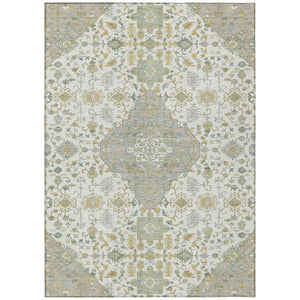 HomeRoots 10 X 14 Ivory Green Medallion Polyester Area Rug Washable for Patio or Living Room 737818