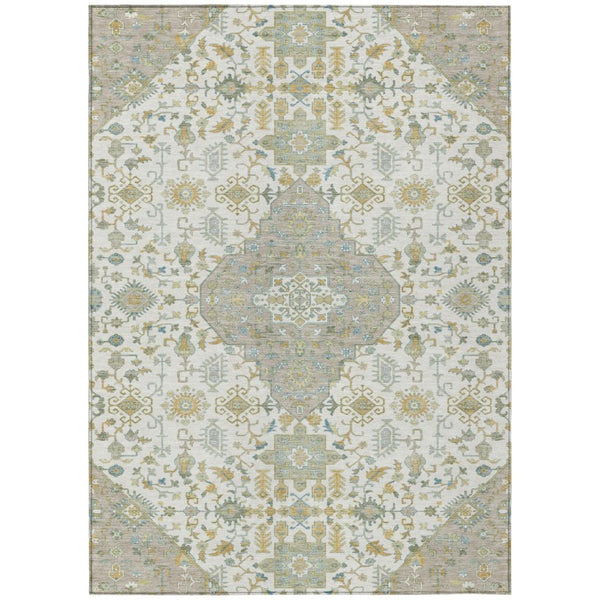HomeRoots 10 X 14 Ivory Green Medallion Polyester Area Rug Washable for Patio or Living Room 737818