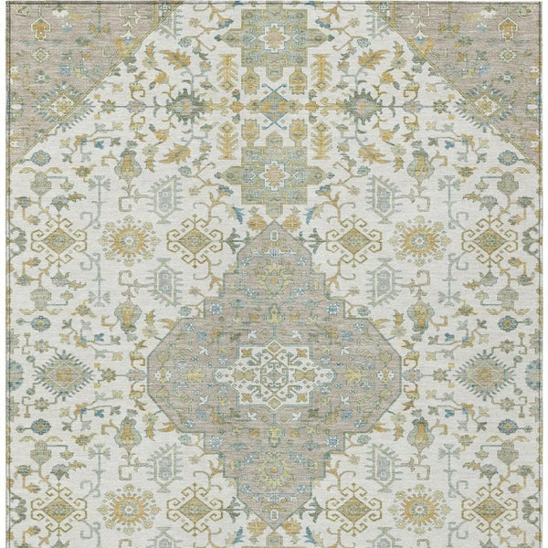 10 X 14 Ivory Green Medallion Polyester Area Rug Washable for Patio or Living Room