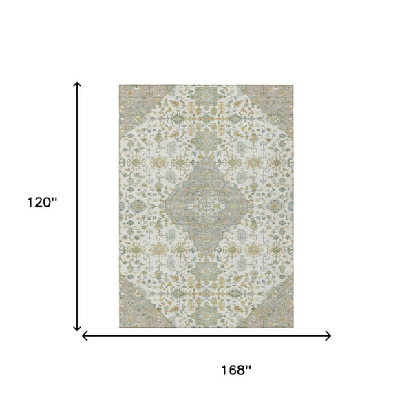 10 X 14 Ivory Green Medallion Polyester Area Rug Washable for Patio or Living Room