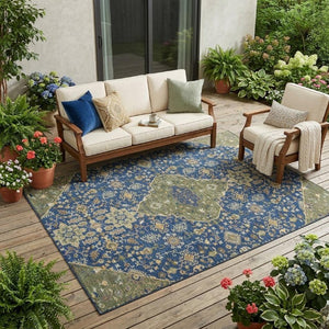 5x8 Navy Pewter Medallion Polyester Area Rug Washable Stain Resistant Indoor Outdoor