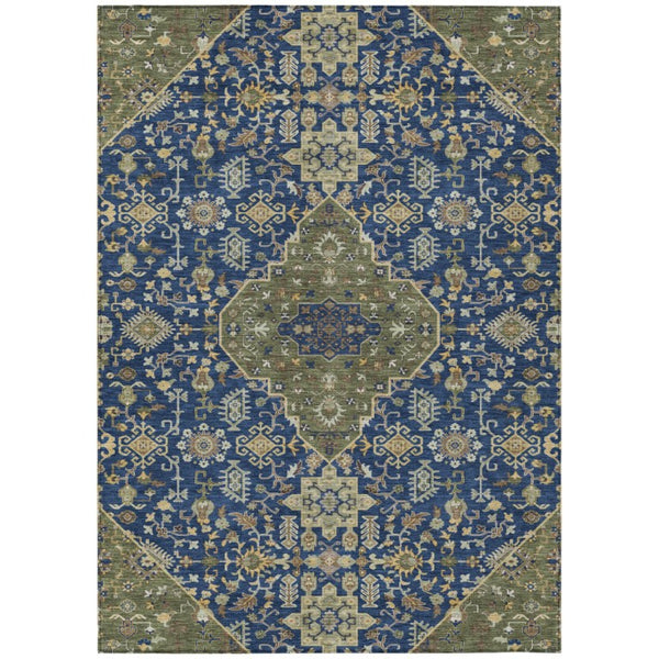 HomeRoots 5x8 Navy Pewter Medallion Polyester Area Rug Washable Stain Resistant Indoor Outdoor 737820