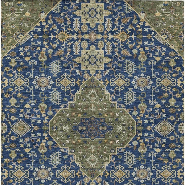 5x8 Navy Pewter Medallion Polyester Area Rug Washable Stain Resistant Indoor Outdoor