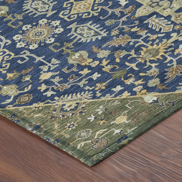 5x8 Navy Pewter Medallion Polyester Area Rug Washable Stain Resistant Indoor Outdoor