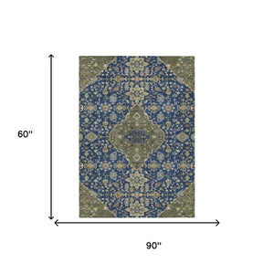 5x8 Navy Pewter Medallion Polyester Area Rug Washable Stain Resistant Indoor Outdoor