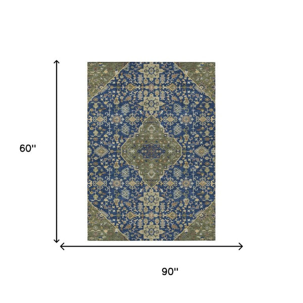 5x8 Navy Pewter Medallion Polyester Area Rug Washable Stain Resistant Indoor Outdoor