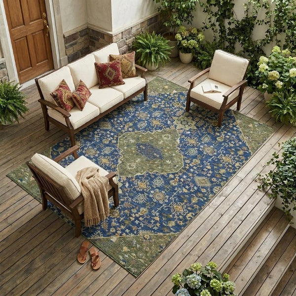 8x10 Navy Pewter Medallion Polyester Area Rug Stain Resistant Indoor Outdoor Use