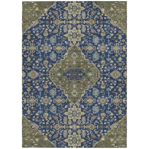 8x10 Navy Pewter Medallion Polyester Area Rug Stain Resistant Indoor Outdoor Use