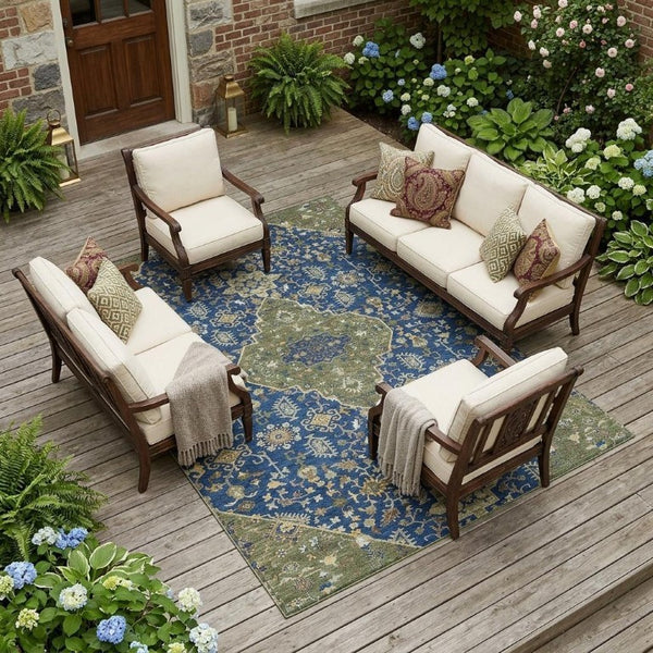 9 X 12 Navy Pewter Medallion Polyester Area Rug Stain Resistant Indoor Outdoor