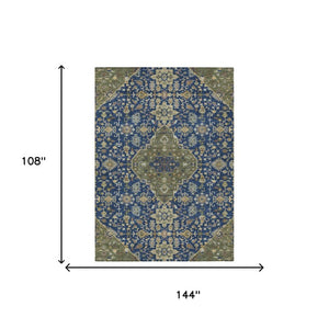 9 X 12 Navy Pewter Medallion Polyester Area Rug Stain Resistant Indoor Outdoor