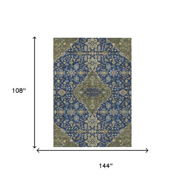 9 X 12 Navy Pewter Medallion Polyester Area Rug Stain Resistant Indoor Outdoor