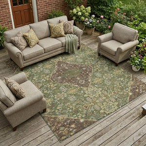 9x12 Medallion Polyester Area Rug Stain Resistant Indoor Outdoor Olive Gray
