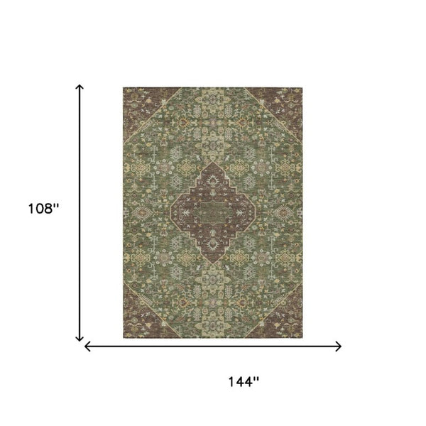 9x12 Medallion Polyester Area Rug Stain Resistant Indoor Outdoor Olive Gray