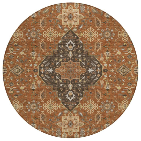HomeRoots 8 Foot Round Medallion Polyester Area Rug for Patio Porch Kitchen and High Traffic Spaces 737833