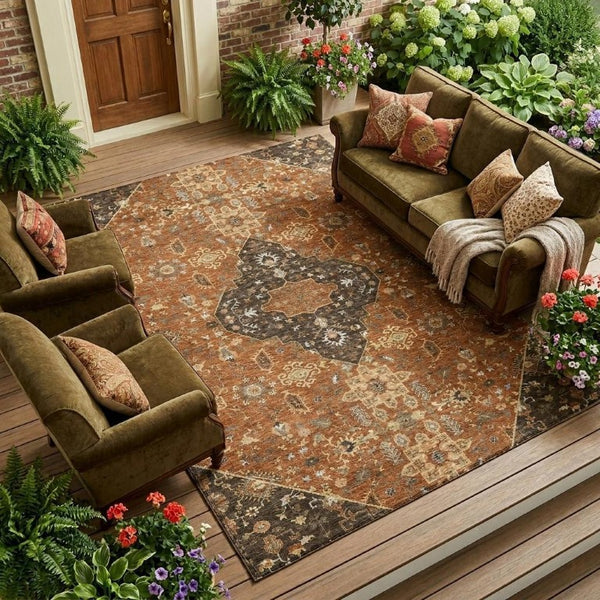 9x12 Medallion Polyester Area Rug Washable Stain Resistant Indoor Outdoor Patio