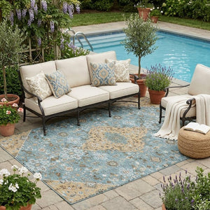 5x8 Teal Graphite Medallion Polyester Area Rug Washable Stain Resistant Patio