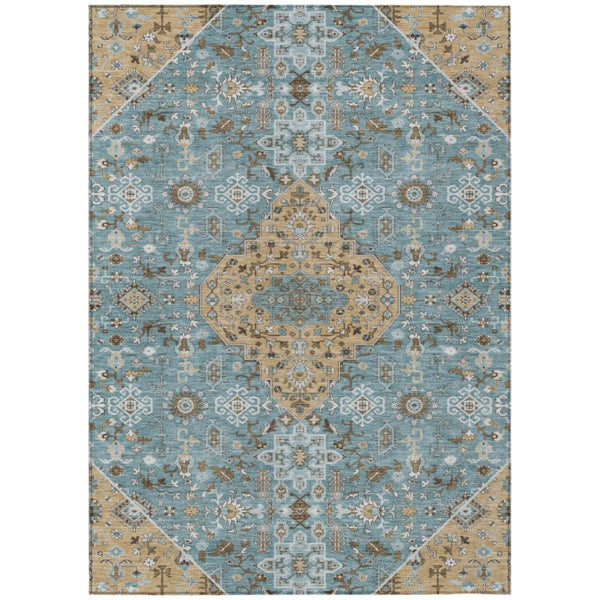 HomeRoots 5x8 Teal Graphite Medallion Polyester Area Rug Washable Stain Resistant Patio 737838