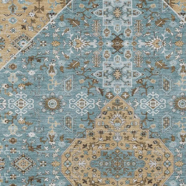 5x8 Teal Graphite Medallion Polyester Area Rug Washable Stain Resistant Patio