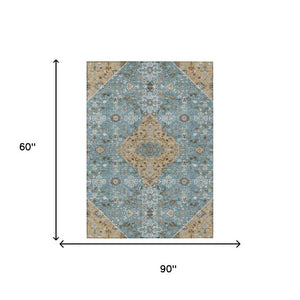 5x8 Teal Graphite Medallion Polyester Area Rug Washable Stain Resistant Patio