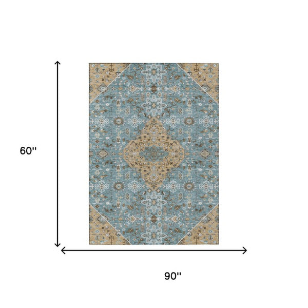 5x8 Teal Graphite Medallion Polyester Area Rug Washable Stain Resistant Patio