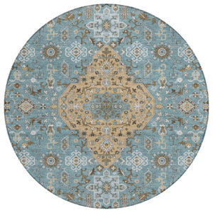 HomeRoots 8 Ft Round Medallion Rug Teal Graphite Washable Polyester for Patio or Family Room 737839