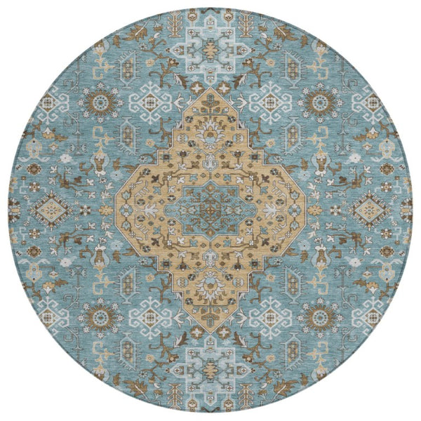 HomeRoots 8 Ft Round Medallion Rug Teal Graphite Washable Polyester for Patio or Family Room 737839