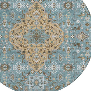 8 Ft Round Medallion Rug Teal Graphite Washable Polyester for Patio or Family Room