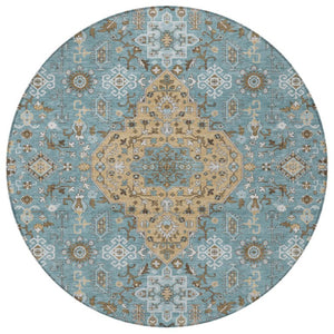 8 Ft Round Medallion Rug Teal Graphite Washable Polyester for Patio or Family Room