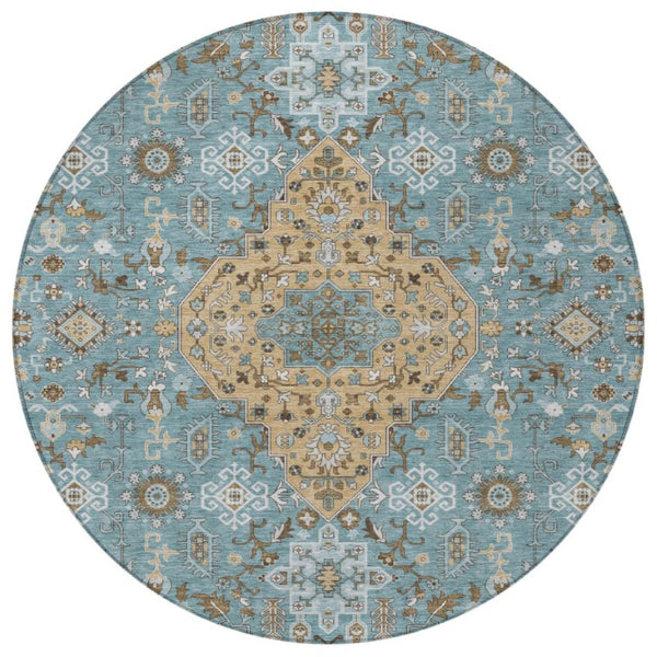 8 Ft Round Medallion Rug Teal Graphite Washable Polyester for Patio or Family Room