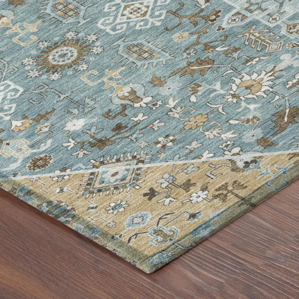 8 Ft Round Medallion Rug Teal Graphite Washable Polyester for Patio or Family Room