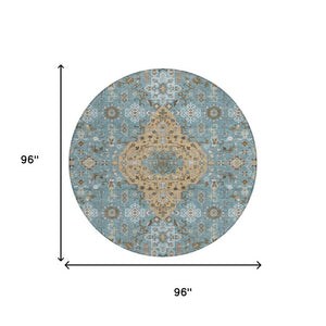 8 Ft Round Medallion Rug Teal Graphite Washable Polyester for Patio or Family Room