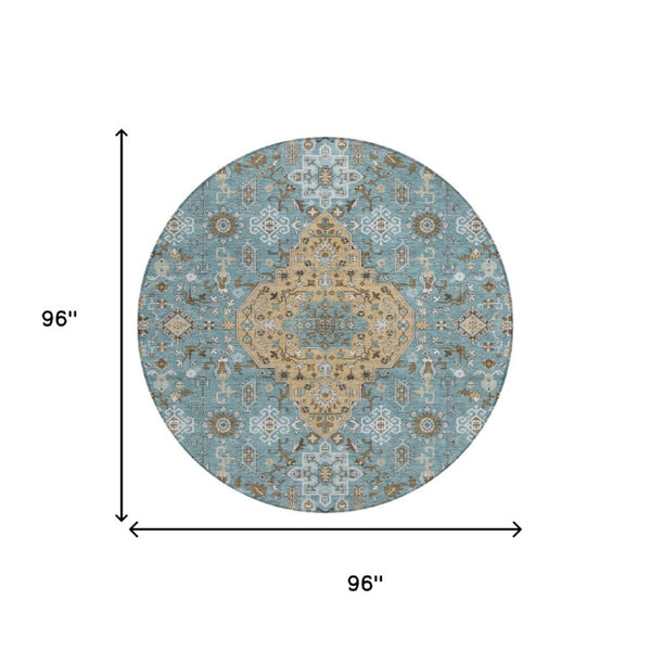 8 Ft Round Medallion Rug Teal Graphite Washable Polyester for Patio or Family Room