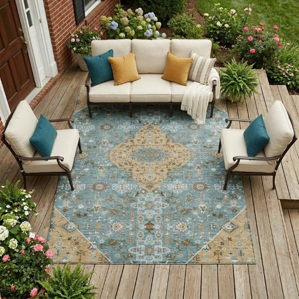 10 Ft X 14 Ft Teal Graphite Medallion Polyester Washable Indoor Outdoor Rug