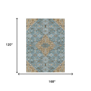 10 Ft X 14 Ft Teal Graphite Medallion Polyester Washable Indoor Outdoor Rug