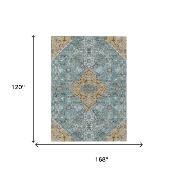 10 Ft X 14 Ft Teal Graphite Medallion Polyester Washable Indoor Outdoor Rug