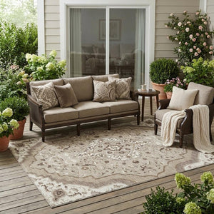5 X 8 Beige Taupe Medallion Polyester Area Rug Stain Resistant for Patio or Living Room
