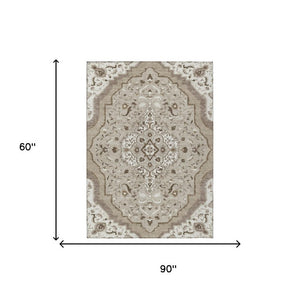 5 X 8 Beige Taupe Medallion Polyester Area Rug Stain Resistant for Patio or Living Room