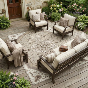 8x10 Beige Taupe Medallion Polyester Area Rug Washable Stain Resistant Patio
