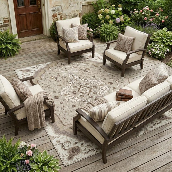 8x10 Beige Taupe Medallion Polyester Area Rug Washable Stain Resistant Patio