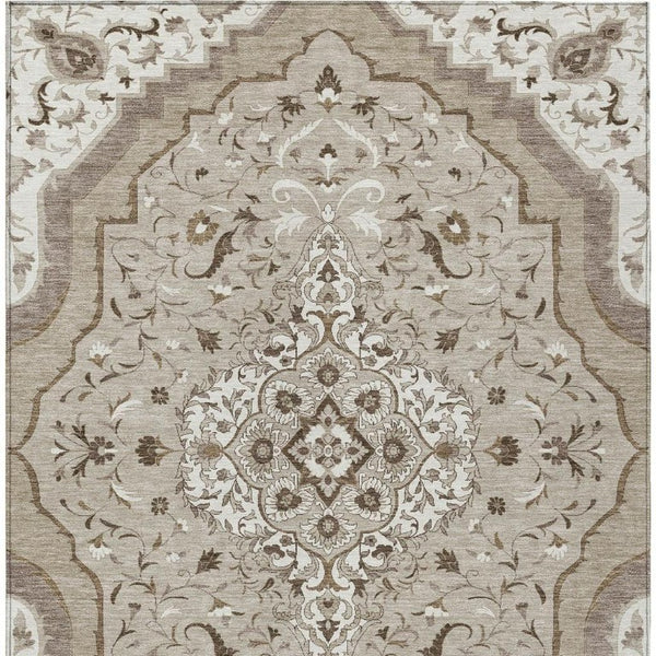 8x10 Beige Taupe Medallion Polyester Area Rug Washable Stain Resistant Patio
