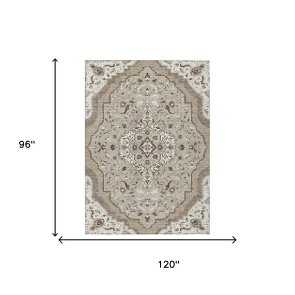 8x10 Beige Taupe Medallion Polyester Area Rug Washable Stain Resistant Patio