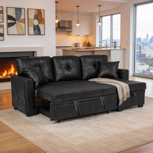 English Elm Sleeper Sectional Sofa with Storage Chaise Tufted Black Fabric L-shaped Living Room W5568S00037