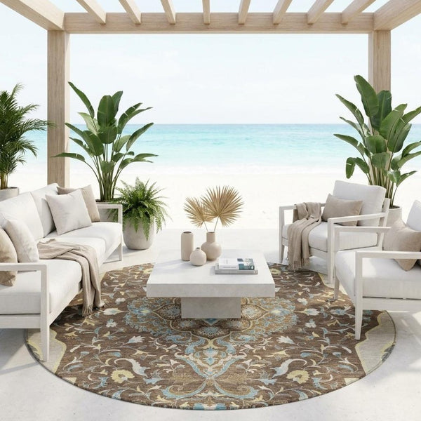 8 Ft Round Medallion Polyester Rug Stain Resistant Indoor Outdoor Brown Beige